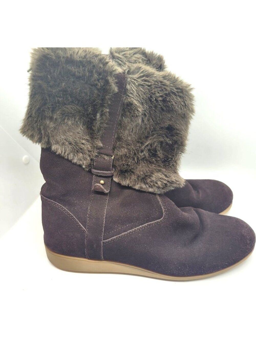 Lands End Womens Boots Suede Faux Fur Trim Brown 10B Winter Snow Comfort Casual